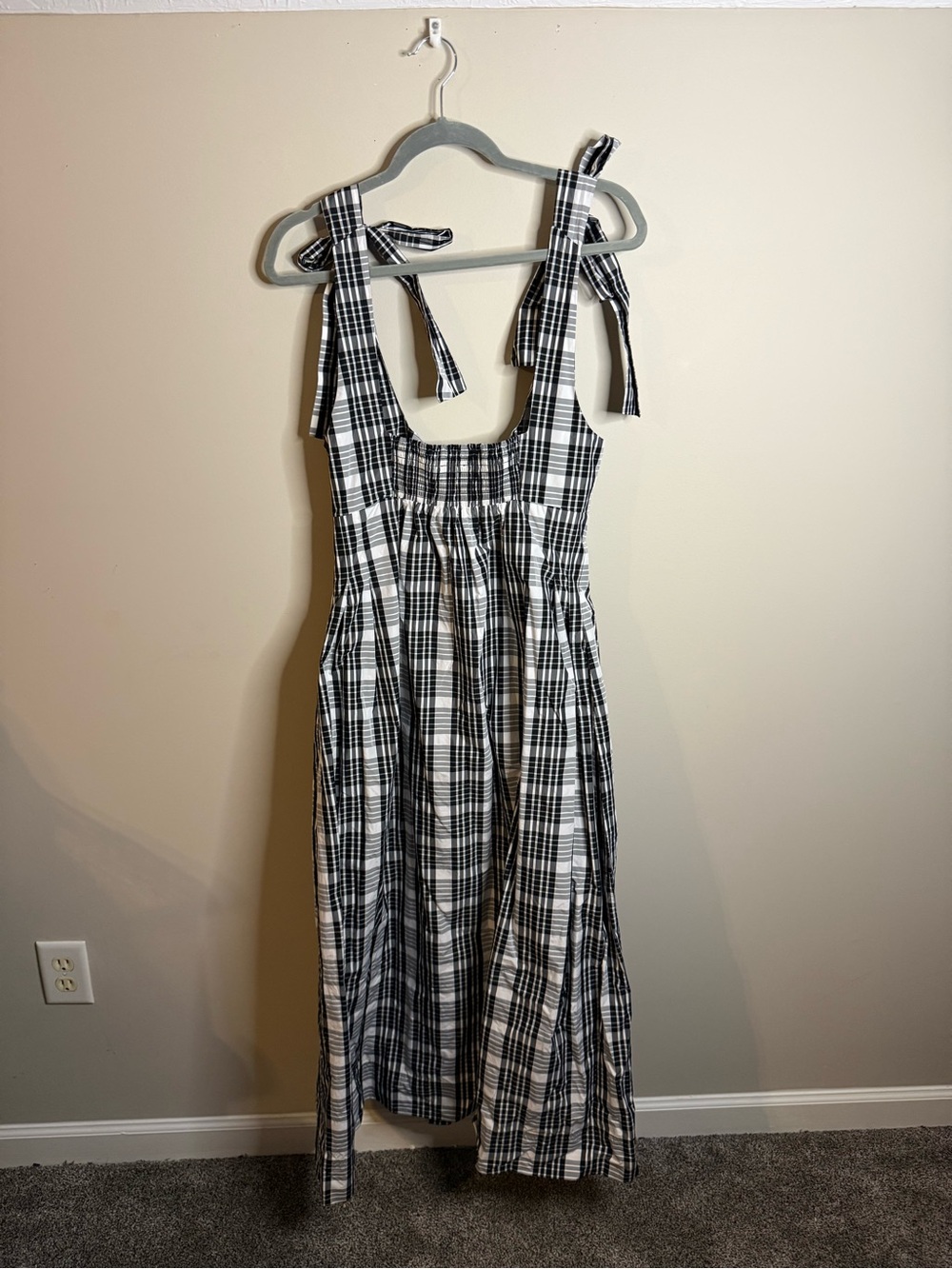 Maeve Black and White Plaid Tie-Shoulder Maxi Dress